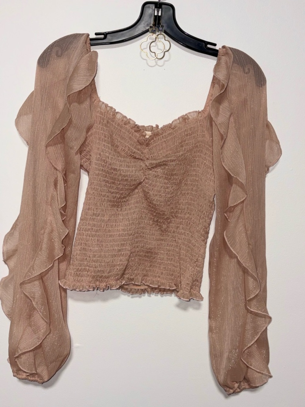 A. Peach Ruffled Sheer Sleeve Smocked Top - Nude